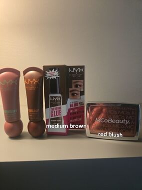 NYX Red Blush and Medium Brown Brow Glue & Creamy Lip Balms